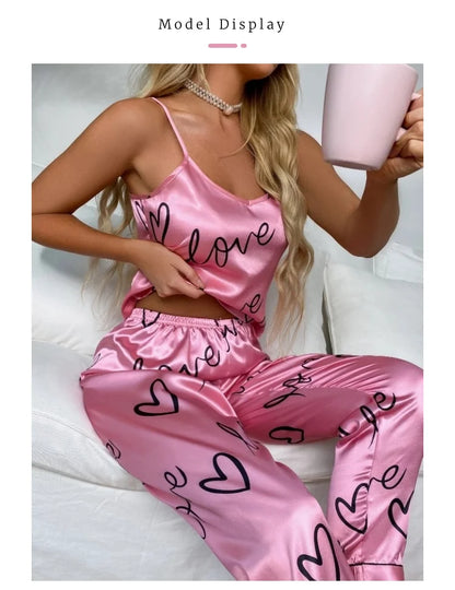 2PCS Sexy Women's Satin Pajama Set - V Neck Sleeveless Lingerie with Suspenders and Pants, Home Wear Loungewear