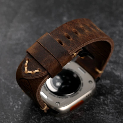 Handmade Vintage Crazy Horse Leather Bracelet – 40MM, 44MM, 45MM, 49MM, Fits Apple Watch S8 Ultra, Folded Thick Brown Strap