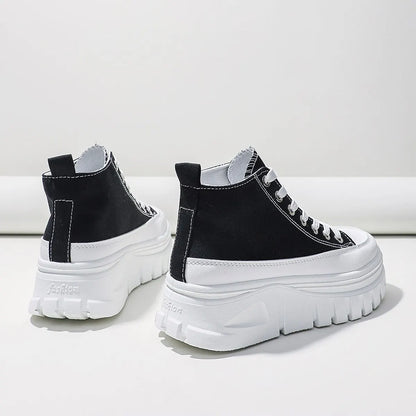 Lace-Up High Top Flatform Canvas Sneakers for Women - Fashionable, Comfortable, and Height-Increasing Casual Shoes