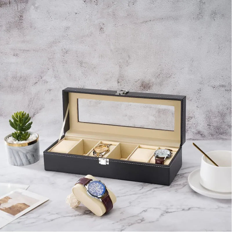 6-Slot PU Leather Watch Box – Jewelry Organizer Display Case with Glass Top