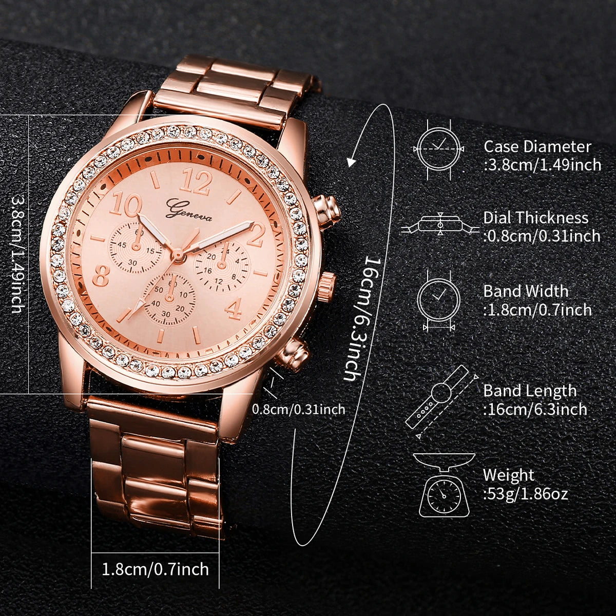 6PCS Women's Rhinestone Watch and Jewelry Set - Fashion Quartz Watch with Stainless Steel Band and Double Heart Design (Without Box)