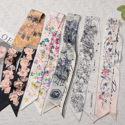 Fashion Skinny Silk Scarf for Women - Luxury Twill Print, Tie Handle Ribbon, Hair Band and Headscarf