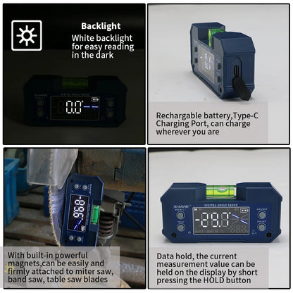 SHAHE MINI Magnetic Level Gauge: Rechargeable Dual Axis Digital Angle Finder with Level Bubble - Inclinometer Protractor