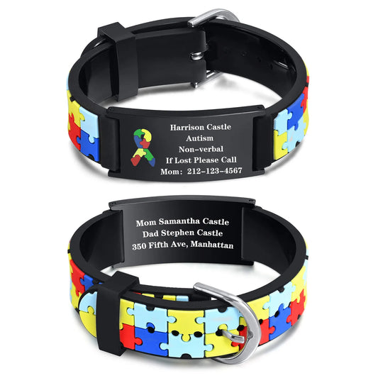 Custom Autism ID Bracelet for Boys - Colorful Puzzle Silicone with Free Engraving, Perfect Parents' Gift