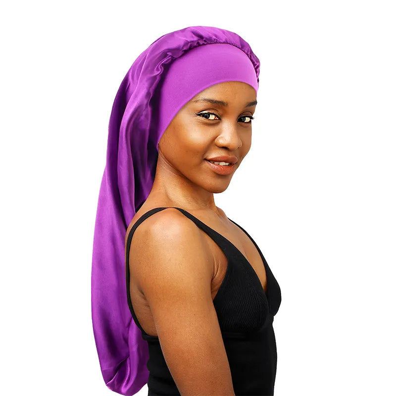 New Long Satin Bonnet Sleep Cap for Women - Silky Sleeping Cap with Wide Elastic Band - Hair Care Turban for Braids, Curly, and Natural Hair