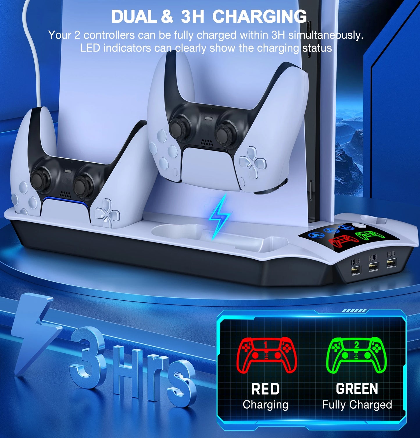 3 Mode LED Cooling Fan for PS5 Vertical Stand: 2 Controller Charging Dock with 13 Game Slot for Sony Playstation 5 Disc/Digital