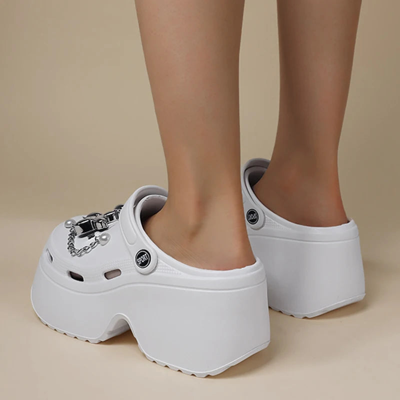 Women's Silver Platform Clogs - Summer 2024 Comfortable Slip-On Wedge Sandals with Fashion Chain, Thick Sole Garden Shoes