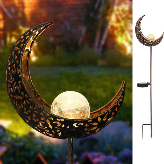 LED Solar Pathway Light - Metal Moon Stake Lawn Light for Outdoor Patio, Courtyard & Halloween Decoration