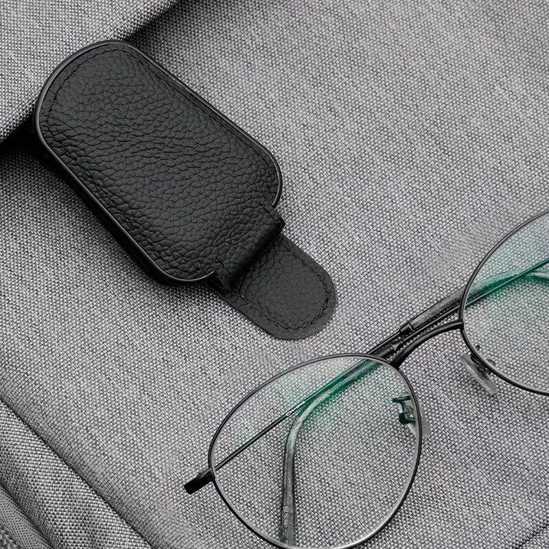 Black PU Leather Car Sunglasses Clip | Sun Visor Card Holder | Multifunctional Magnetic Suction Storage