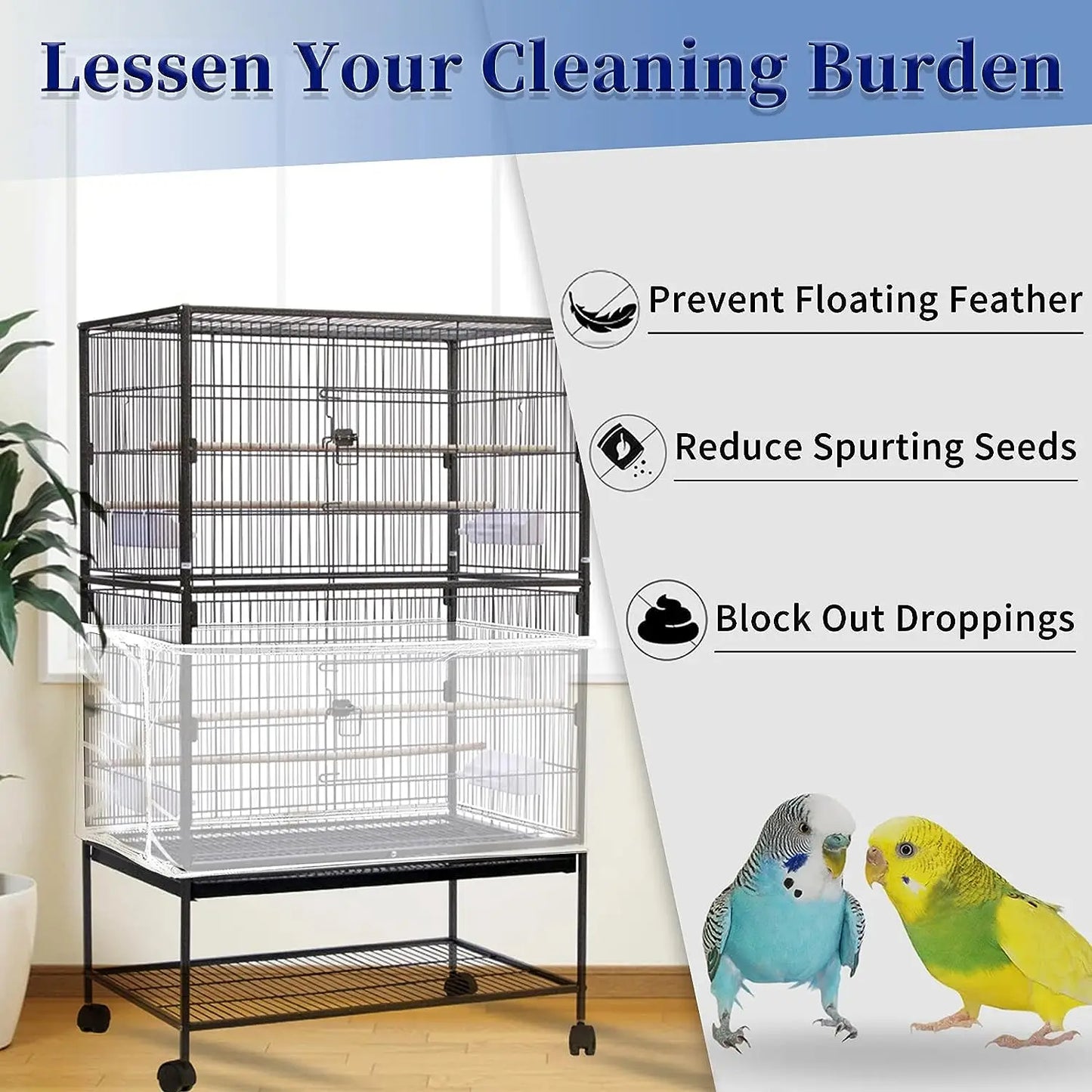 Adjustable Bird Cage Net Cover - Soft Skirt Guard and Feather Catcher - Nylon Mesh Netting for Round and Square Cages