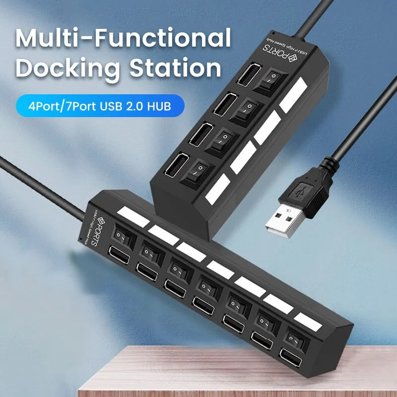 USB 2.0 Hub - Multi USB Splitter Ports Hub with Power Adapter - 4/7 Port Multiple Expander Hub with Switch - 30CM Cable for Home