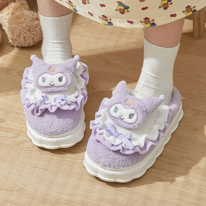 Sanrio Hello Kitty Cotton Slippers for Women - My Melody Winter Thick Soft Sole Slides, Indoor Floor Flat Home Non-Slip Shoes