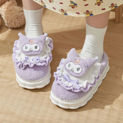 Sanrio Hello Kitty Cotton Slippers for Women - My Melody Winter Thick Soft Sole Slides, Indoor Floor Flat Home Non-Slip Shoes