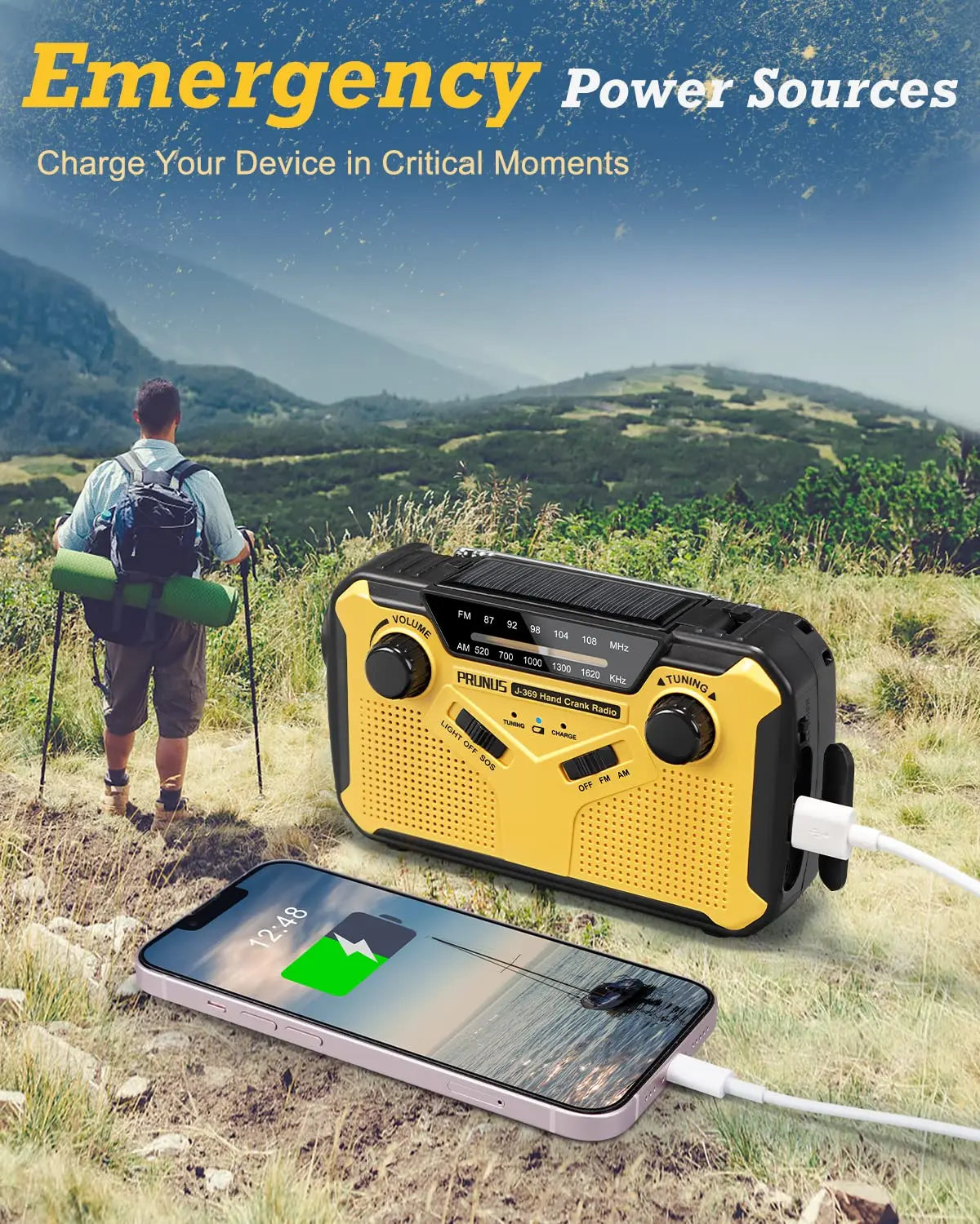 Emergency Portable AM/FM Radio: Solar Hand Crank, USB & AA Batteries Rechargeable - Torch Reading Lamp, SOS Alarm for Emergencies