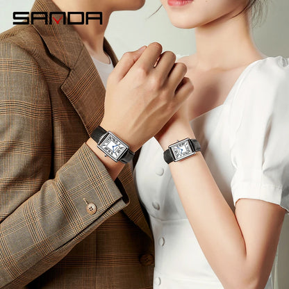 SANDA Couple Watch – Men’s Waterproof Quartz, Casual Fashion with Stainless Leather Strap, Square Dial, Ladies Lover Clock