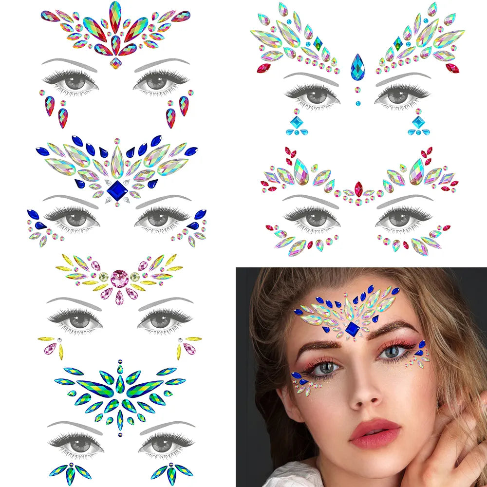 6Pcs Mermaid Face Jewels Gems Rhinestones: Rave Eyes Body Temporary Sticker Crystal Face Decorations for Festival Party