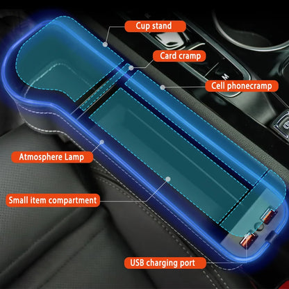 7-Color LED Car Seat Gap Filler Cup Holder: Crevice Storage Organizer Box with 2 USB Chargers - Essential Car Accessories