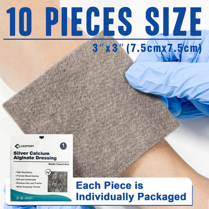 Ceeport Ag Silver Calcium Alginate Wound Dressing Pads: Soft Silver Highly Absorbent Dressings for Wound Care - Available in 2/3/4in Sizes, Sets of 5/10pcs