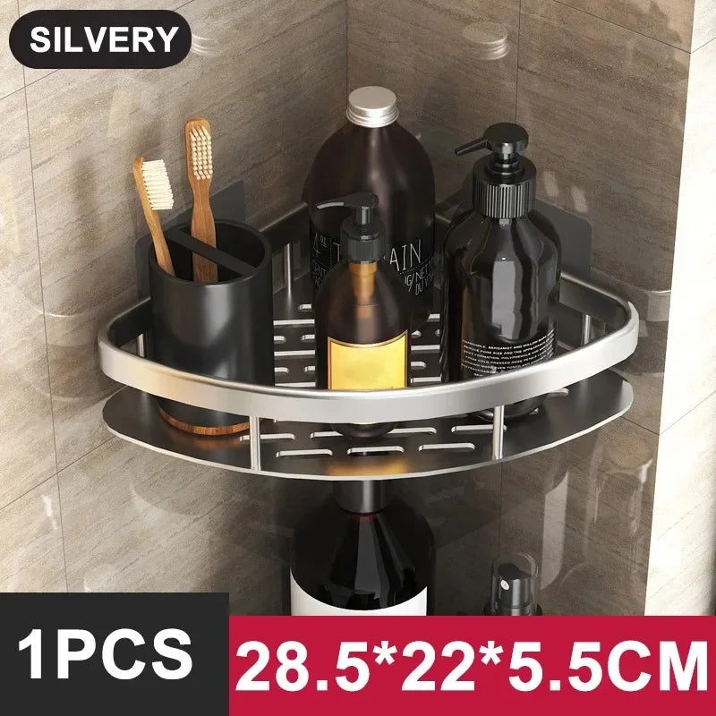 Aluminum Alloy Bathroom Shelf - No-Drill Kitchen and Shower Storage Organizer for Shampoo and Accessories