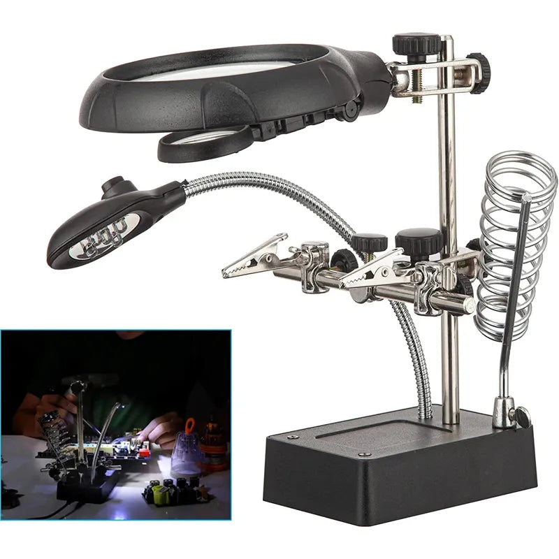 3 Hand Soldering Iron Stand Welding Tool: Magnifying Glass Illuminated LED Alligator Clip Holder Clamp - Helping Repair Equipment