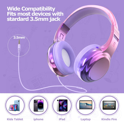 New Girls Wired Headphones with Mic – Over-Ear Headset for School, PC, Phone, Kids Gifts in Purple and Pink