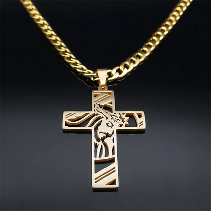 Hip Hop Punk Crown of Thorns Jesus Cross Necklace - Gold Plated Stainless Steel Crucifix Pendant for Men, Jewelry N8052