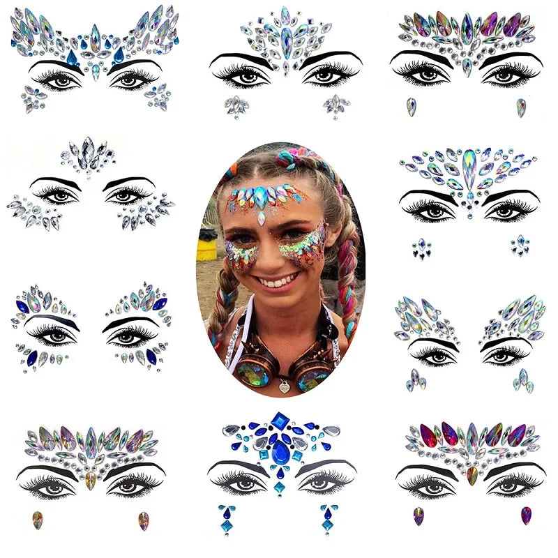 3D Rhinestone Bright Face Stickers for Festival: Glitter Makeup Jewelry Sticker with Crystals, Gems, Diamonds Decoration