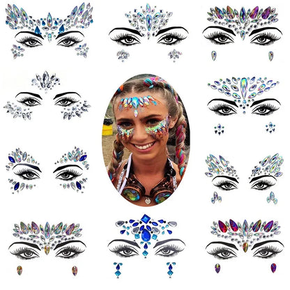 3D Rhinestone Bright Face Stickers for Festival: Glitter Makeup Jewelry Sticker with Crystals, Gems, Diamonds Decoration