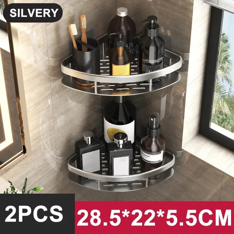 Aluminum Alloy Bathroom Shelf - No-Drill Kitchen and Shower Storage Organizer for Shampoo and Accessories