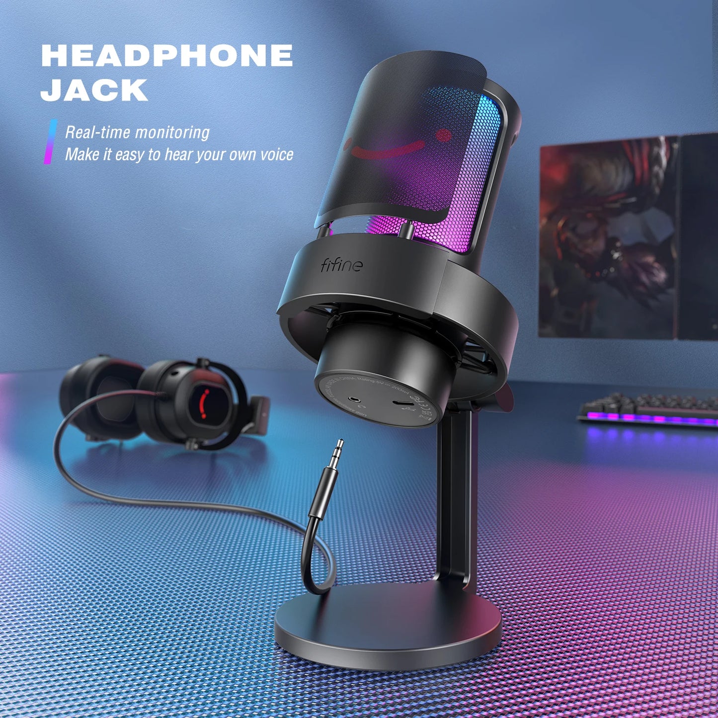 FIFINE USB Microphone A8 - Perfect for Recording and Streaming on PC and Mac with Headphone Output, Touch-Mute Button, and 3 RGB Modes