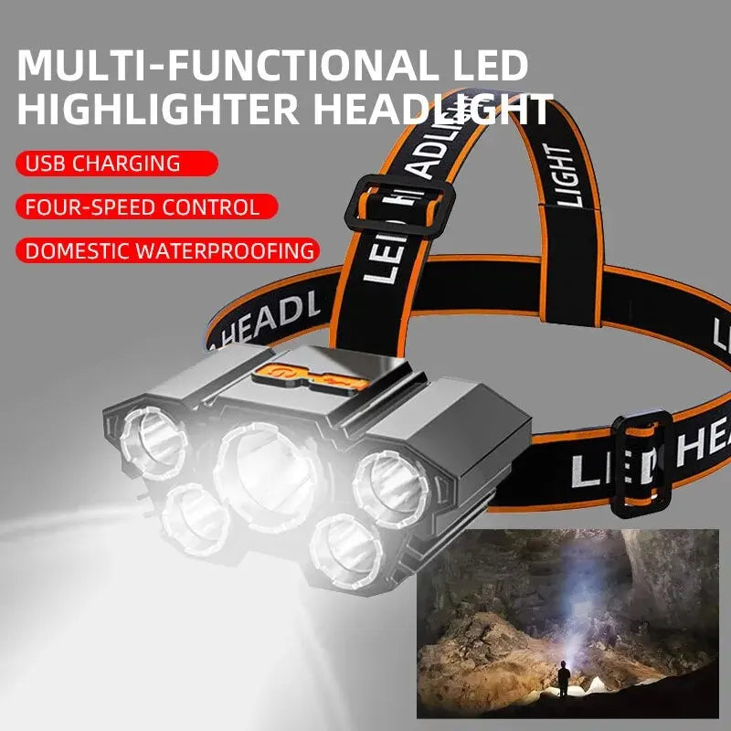 USB Rechargeable LED Strong Light Five-Headed Outdoor Waterproof Fishing Light: Ultra Bright Head Mounted Flashlight