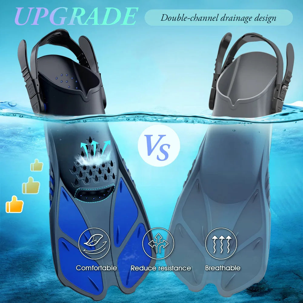 Adjustable Buckle Snorkel Fins - Short Silicone Swimming Flippers, Scuba Diving Shoes with Open Heel, Travel Size for Adults