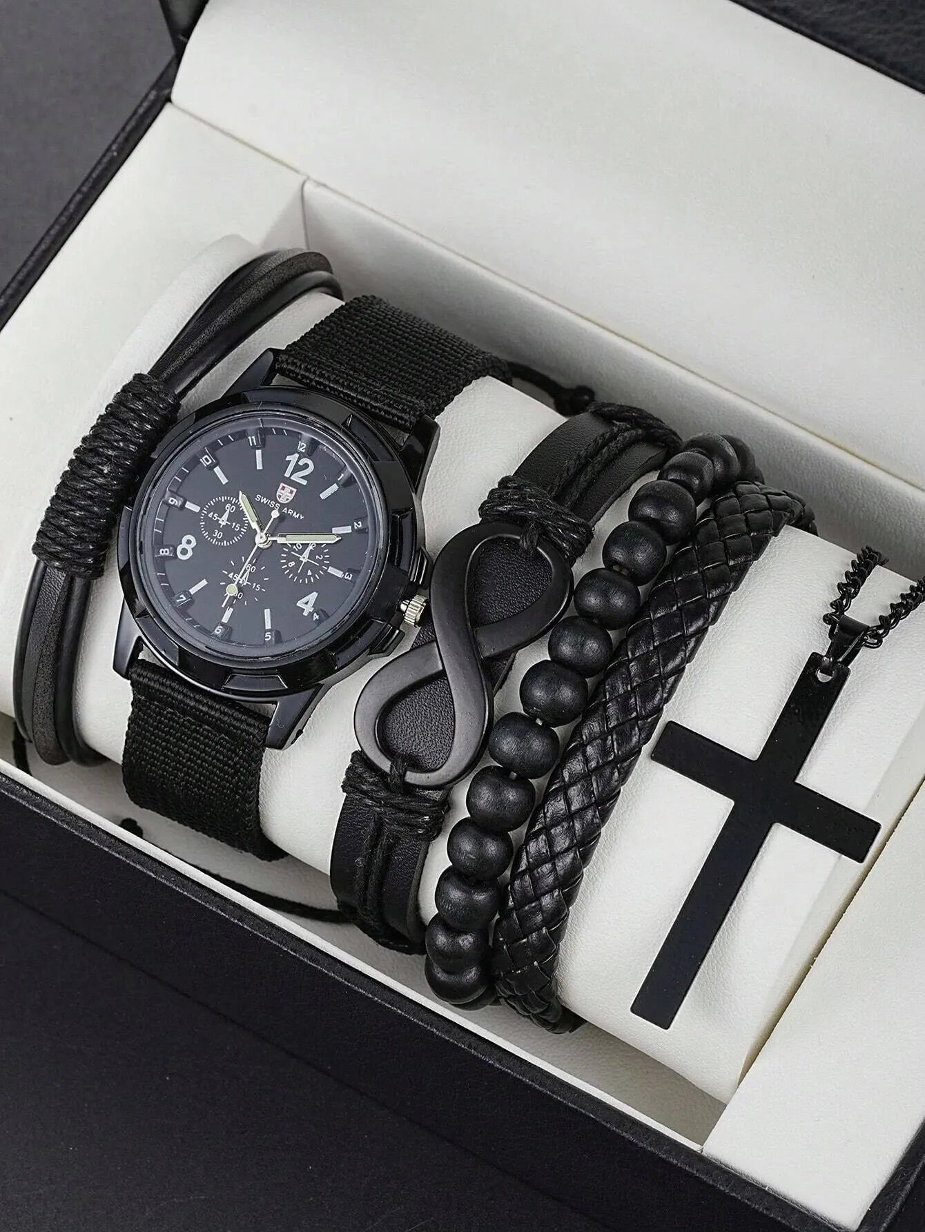 6PCS Men's Fashion Set - '8' Shaped Pu Leather Beaded Bracelet, Mechanical Watch and Cross Pendant Necklace in Black