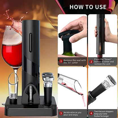 Electric Wine Opener - Automatic Corkscrew with Stand Holder, Foil Cutter, and Beer Bottle Opener - Kitchen and Bar Can Opener