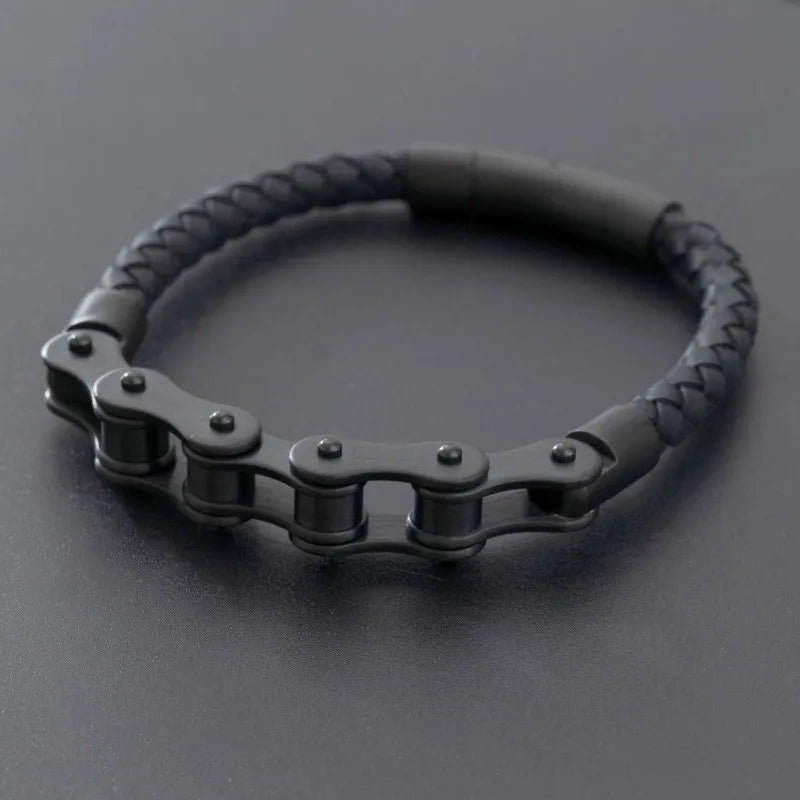 Retro Punk Bike Chain Leather Bracelet with Metal Buckle - Hand-Woven Rock Jewelry for Men, Motorcyclist Party Gift