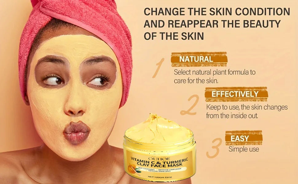 Turmeric and Vitamin C Clay Mask - Deep Cleansing, Hydrating Facial for Dark Spots, Acne, and Even Skin Tone