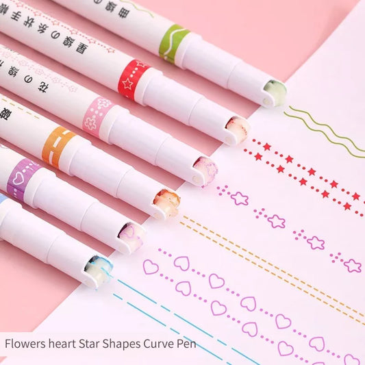 Kawaii Flowers Line Shaped Highlighter Pens - 6Pcs Roller Tip Curve Liner Marker for Writing, Journaling, Drawing Stationery