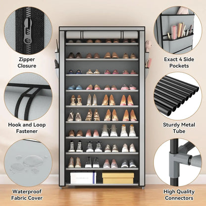 Stackable 10-Tier Shoe Rack with Covers - Tall Shelf Storage for 50-55 Pairs of Shoes and Boots, Large Capacity Vertical Rack