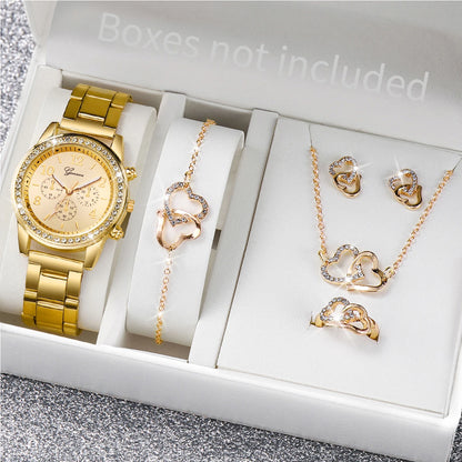 6PCS Women's Rhinestone Watch and Jewelry Set - Fashion Quartz Watch with Stainless Steel Band and Double Heart Design (Without Box)