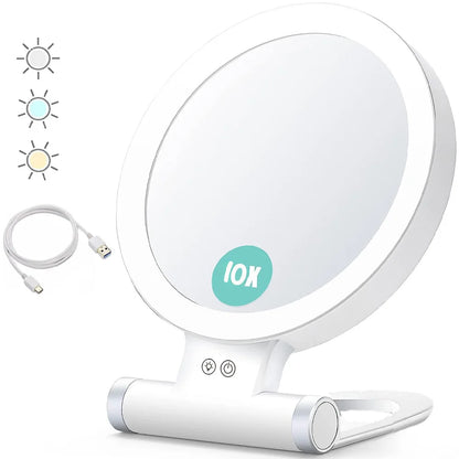 Portable USB Rechargeable 10X Foldable LED Makeup Mirror - Double-Sided Desktop Mirror