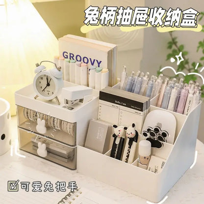 Desktop Transparent Cosmetics Storage Box – Organizer with Drawers and Pen Holder for Office Desks