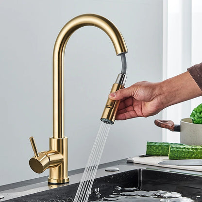 Quyanre Brushed Gold Kitchen Faucet - Pull Out Sink Water Tap, Single Handle Mixer Tap with 360 Rotation, Kitchen Shower Faucet