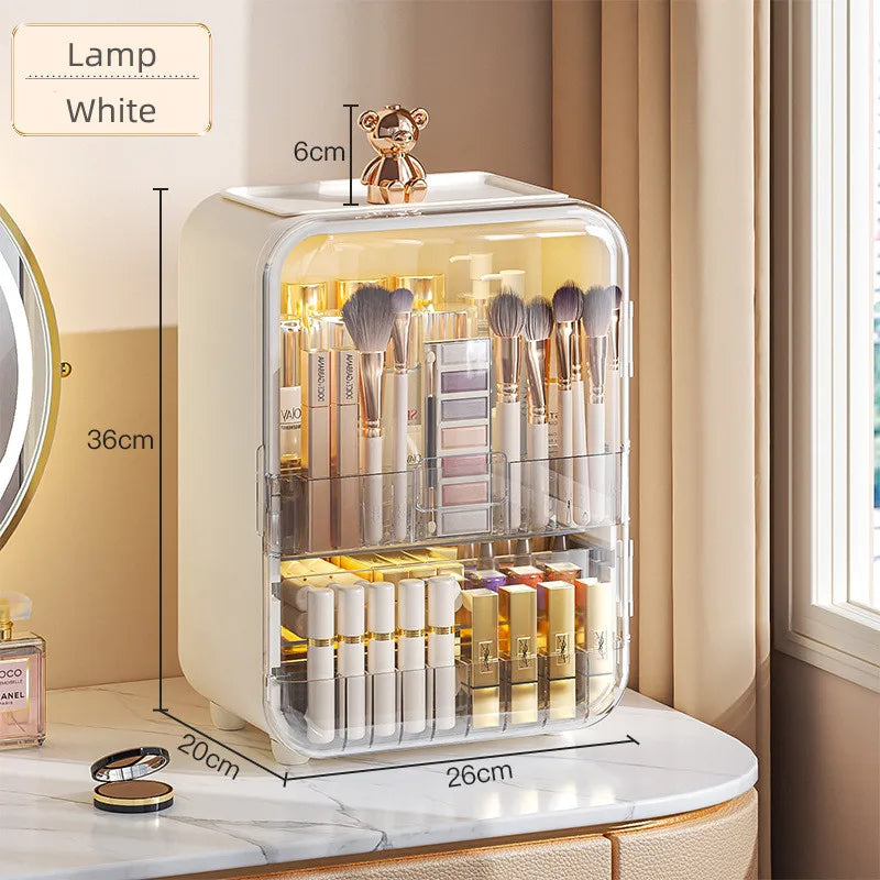 Light Luxury LED Mirror Cosmetics Storage Box - Dust Belt Drawer Skincare Organizer with Large Capacity for Vanity Table Home Storage
