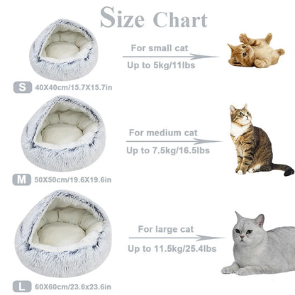 Winter Long Plush 2-in-1 Pet Cat Bed | Round Cushion & Sleep Bag | Warm Cat House & Nest Kennel for Small Dogs & Cats