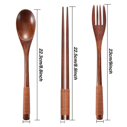 3-Piece Natural Wood Dinnerware Set - Spoon, Chopsticks, Fork - Portable Tableware for Household Kitchen