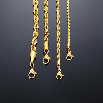 Men's Long Twist Rope Chain Necklace | Stainless Steel Minimalist Design | Available in Gold and Silver Colors | 2 to 5mm