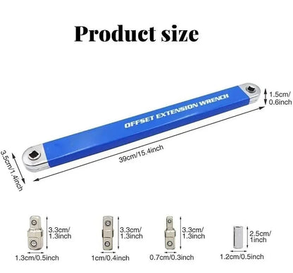 Offset Extension Wrench - Tight Spaces Tool with 1/2", 1/4", and 3/8" Drive Adapters - Universal Extension Tool