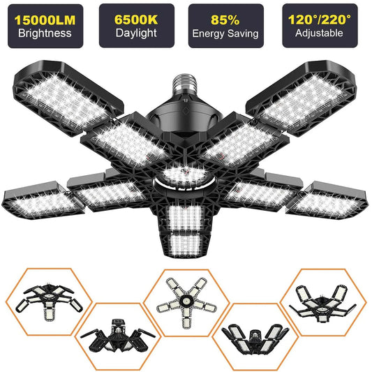 LED Garage Lights: 10 Adjustable Panels E26/E27 Ceiling Shop Work Lamp - 80W 150W 6500K Bulb for Industrial Workshop Lighting