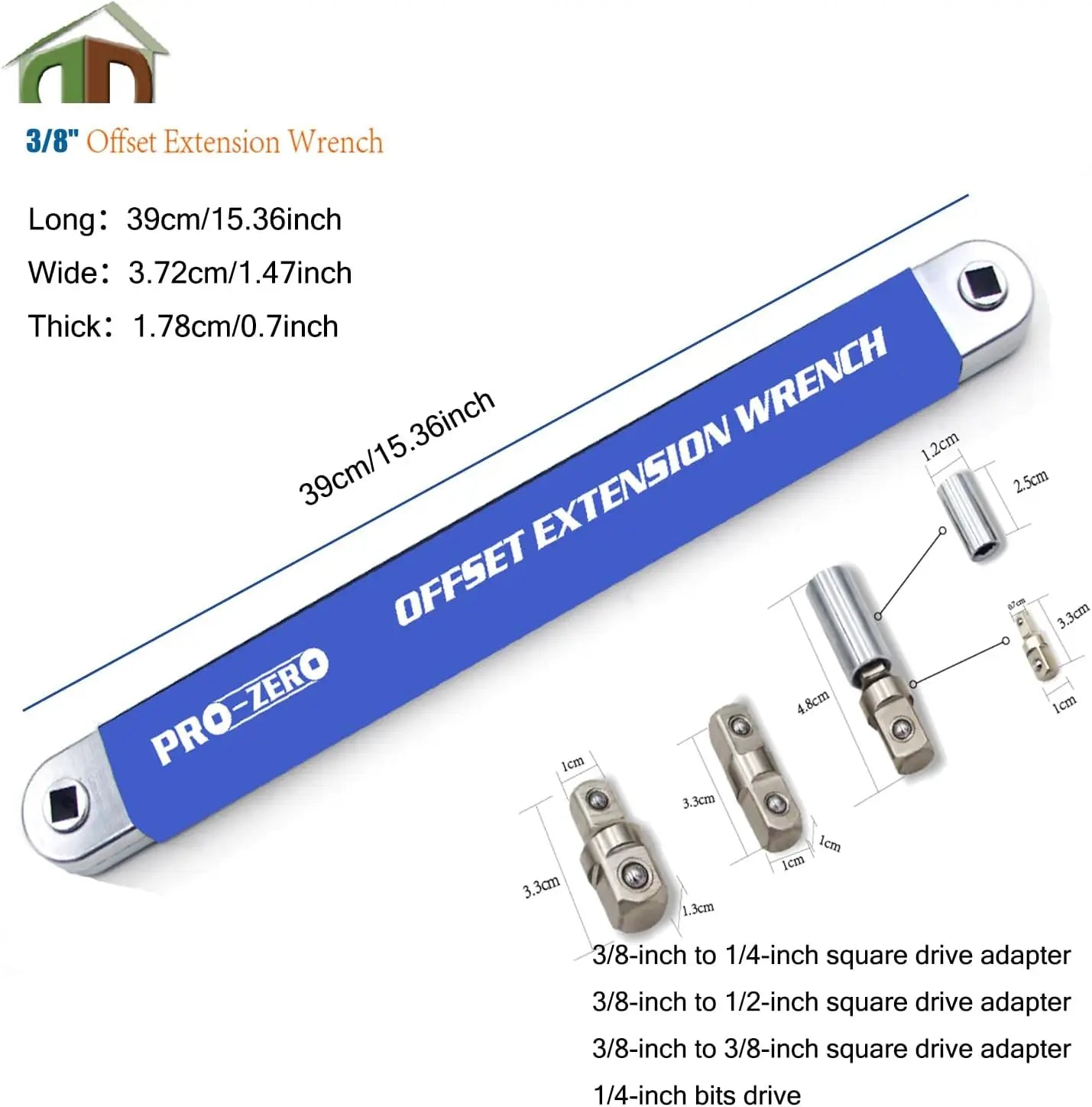 Offset Extension Wrench - Tight Spaces Tool with 1/2", 1/4", and 3/8" Drive Adapters - Universal Extension Tool