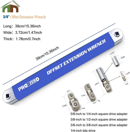 Offset Extension Wrench - Tight Spaces Tool with 1/2", 1/4", and 3/8" Drive Adapters - Universal Extension Tool